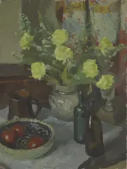 Isabel Kann, Untitled, fruit and wine bottles oil on canvas 77 x 56cm