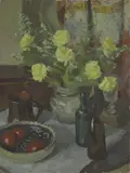 Isabel Kann, Untitled, fruit and wine bottles oil on canvas 77 x 56cm