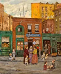 Jerome Myers, Shops in Harlem, N.Y.C., oil on canvas