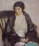 Lilian Westcott Hale, Lady with a blue fan, 1916, oil on panel