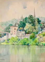 Paul Sawyier, View of the Singing Bridge, Frankfort, KY, watercolor on paper