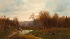 Figures by a river in an autumnal landscape by Jervis McEntee, oil on canvas, sold May 2012