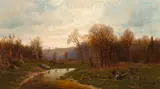 Jervis McEntee, Figures by a river in an autumnal landscape, oil on canvas