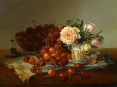Robert Spear Dunning, Still life with roses and cherries, 1875, oil on canvas affixed to board