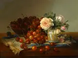 Robert Spear Dunning, Still life with roses and cherries, 1875, oil on canvas affixed to board