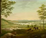 John Sherburne Blunt, Cows grazing on a hillside with a view of a lake and farmhouse, oil on canvas