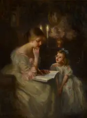 Francis Day, A story read by candlelight, oil on canvas
