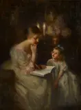 Francis Day, A story read by candlelight, oil on canvas