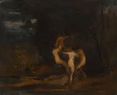 Robert Loftin Newman, Three nymphs and a satyr, oil on canvas