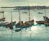 Paul Sample, Fishing boats in harbor, oil on canvas