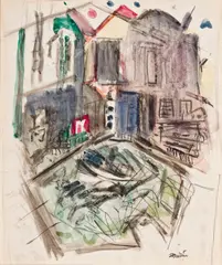 John Marin, New York City with Tugboat: A two-sided work, watercolor and pencil on paper