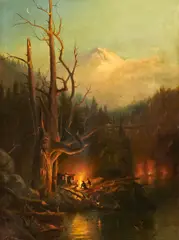 Andrew Melrose, Encampment at the base of a snow-covered mountain, thought to be Mount Shasta, oil on canvas