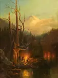 Andrew Melrose, Encampment at the base of a snow-covered mountain, thought to be Mount Shasta, oil on canvas