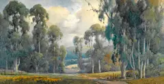 California wildflowers and eucalyptus with hills in the distance by Percy Gray, 1927, watercolor on paper affixed to board, sold May 2012