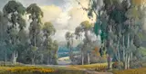 Percy Gray, California wildflowers and eucalyptus with hills in the distance, 1927, watercolor on paper affixed to board