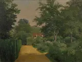 John Ross Key, Sunlight on a garden path, oil on board