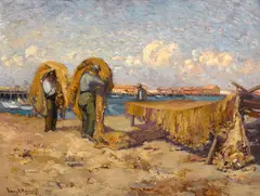 Mending nets, San Pedro by Franz Bischoff, oil on canvas, sold May 2012