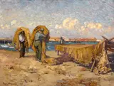 Franz Bischoff, Mending nets, San Pedro, oil on canvas