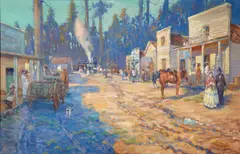 Alson S. Clark, The passing of the Pony Express, Arrival of the first passenger train at Truckee, May 11, 1869, oil on canvas