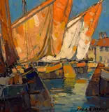 Sailboats docked at Brittany by Edgar Alwin Payne, oil on canvas, sold May 2012