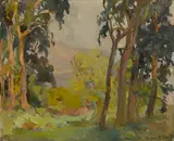 A grove of trees with mountains in the distance by Franz Bischoff, oil on canvas board, offered May 2012
