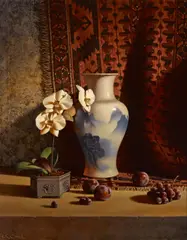 Loran Loyal Speck, Still life with orchid, vase and fruit, oil on canvas