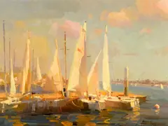 Calvin Liang, Sailboats in Newport Beach, oil on canvas
