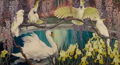 Jessie Arms Botke, Cockatoos and a swan surrounded by irises and wisteria, 1927, oil on canvas board
