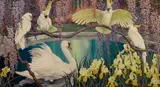 Jessie Arms Botke, Cockatoos and a swan surrounded by irises and wisteria