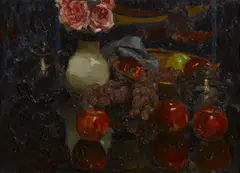 Karoly Fulop, Still life with apples, grapes and roses, oil on canvas