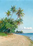 D. Howard Hitchcock, Hawaiian beach with palm trees