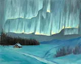 Jeanne Laurence, Northern lights above a cabin in winter, oil on canvas board