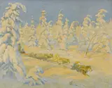 Magnus Colcord Heurlin, Dog sledding through a snow covered forest, oil on masonite