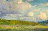 Joseph Henry Sharp, Verdant landscape with clouds, oil on panel