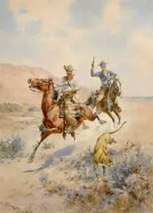 Herman Wendelborg Hansen, Cowboys pursuing a mountain lion, watercolor on paperboard