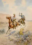 Herman Wendelborg Hansen, Cowboys pursuing a mountain lion, watercolor on paperboard