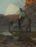 Frank Tenney Johnson, Mounted horse at a watering hole