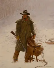 Mike C. Poulsen, Artist in hunting gear, 1988, oil on board