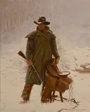 Mike C. Poulsen, Artist in hunting gear, 1988, oil on board