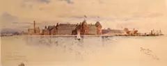 Historic Chamberlin Hotel in Fort Monroe, Virginia on the Chesapeake Bay by Hughson Hawley, 1891, watercolor on paper, offered Nov 2011