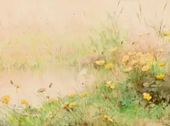 Fidelia Bridges, Wild yellow primroses, 1890, Sea coastline, 1875, Sand dunes, 1873: Three, watercolor and gouache on paper