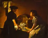 William Verplanck Birney, Washerwomen by candlelight, oil on panel