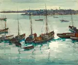 Paul Sample, Fishing boats in harbor, oil on canvas