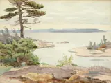 Thomas Wesley McLean, Seven views:Georgian Bay, Rocky Point; Waterfall; Rapids; Winter Scene; Landing a Canoe; Mountain Range; and Forest Interior, watercolour and pencil on paper