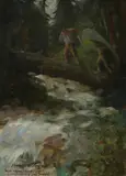 H. Weston Taylor, Portaging over the river (figure study on the reverse), oil on academy board