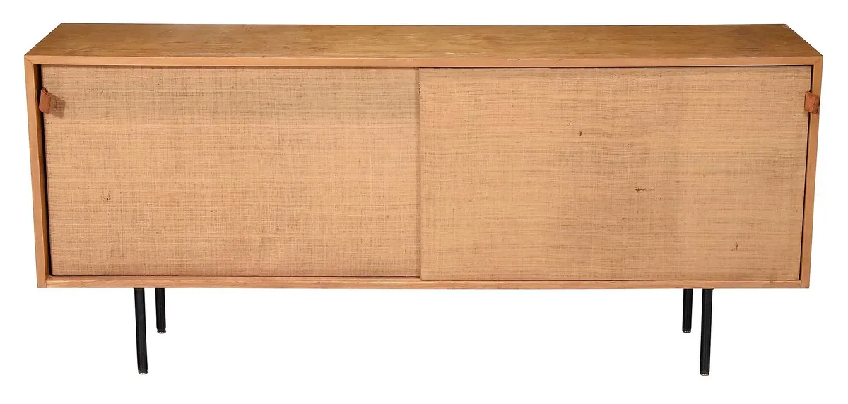 Florence Knoll, Mid Century Modern Birch Credenza No. 116, Knoll Associates, circa 1955, two sliding woven cane doors with shelved white painted interior