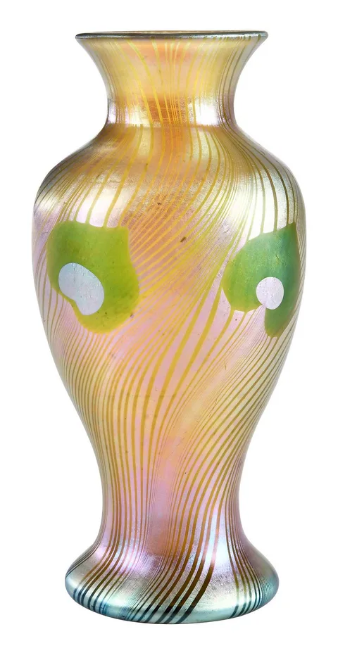 Aurene Glass Peacock Feather Vase by Alexander Joseph von Steuben, Steuben Glass Works label to base, sold Mar 2026