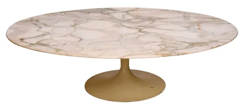 for Knoll Coffee Table with Marble Top by Eero Saarinen, white enamel pedestal base with white marble top, sold Oct 2025