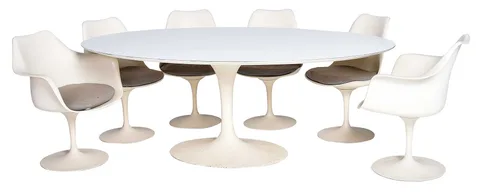 Eero Saarinen, for Knoll Tulip Dining Table with Six Chairs, chairs with upholstered fabric cushions