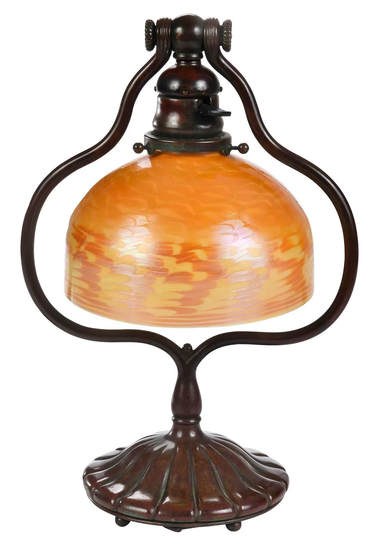 Harp Desk Lamp by Tiffany Studios, patinated bronze with yellow-gold damascene glass shade signed "L.C.T.", sold Sep 2025